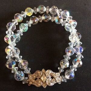 1950s Vintage Crystal & Rhinestone Bracelet Art Deco Silver & Clear 2 Strand